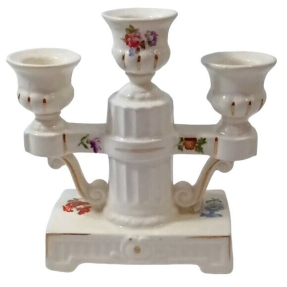 Vintage Czechoslovak Porcelain White 3 Arm Candle Holder Flower Decor Gold Trim - Picture 1 of 8
